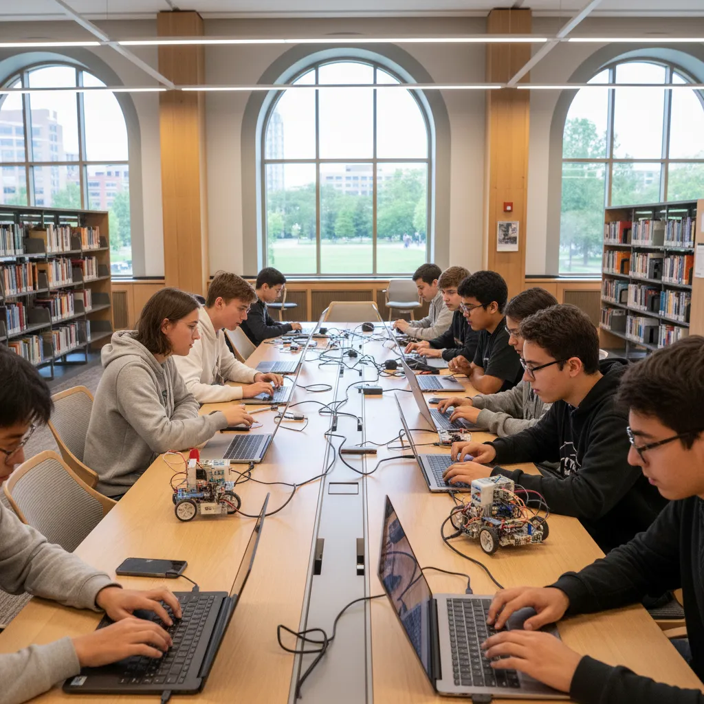 Teens engaged in a coding and robotics workshop
